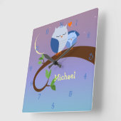 青いフクロウのパーソナライズな柱時計 スクエア壁時計 (傾斜)