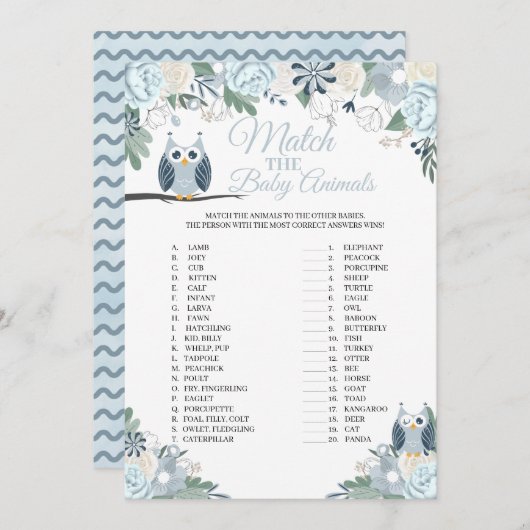 青いフクロウのフローラが動物の赤ちゃんゲームカードにマッチ 招待状 (正面/裏面)