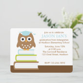 青いフクロウの男の子の卒業パーティー 招待状 (スタンド正面)