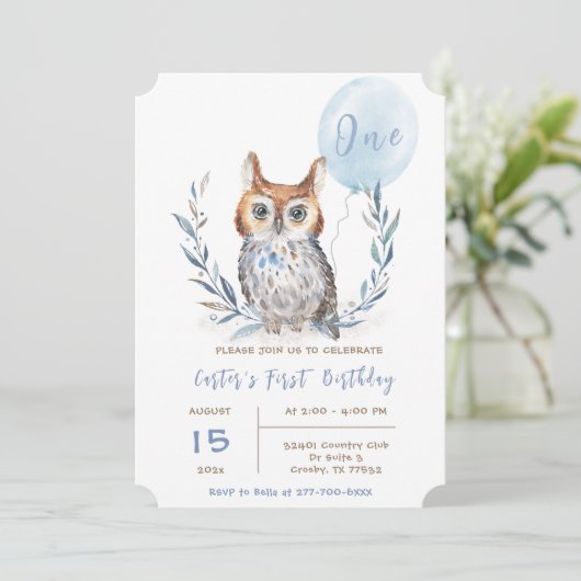 青いフクロウの男の子の誕生日テンプレート 招待状 (スタンド正面)
