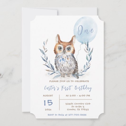 青いフクロウの男の子の誕生日テンプレート 招待状 (正面)