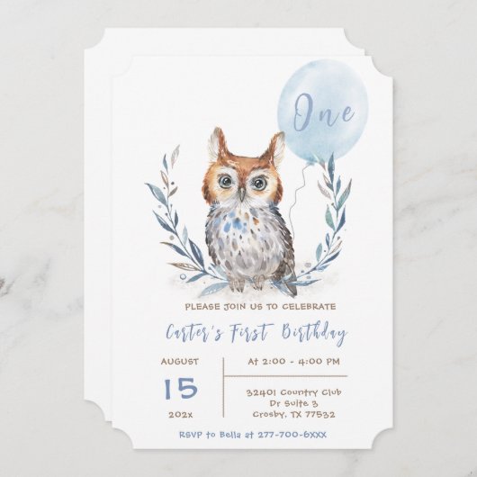 青いフクロウの男の子の誕生日テンプレート 招待状 (正面/裏面)