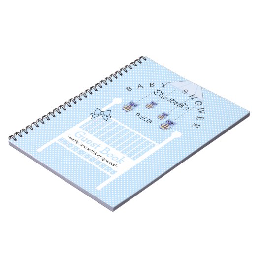 青いフクロウの移動式ベビーシャワーの来客名簿 ノートブック (左側)