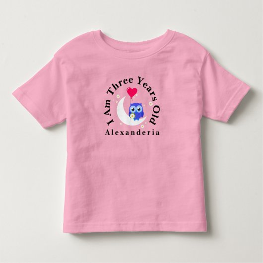 青いフクロウの誕生日　名前を入力してください　私は３歳です トドラーTシャツ (正面)