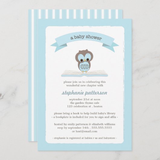 青いフクロウは本のベビーシャワーの招待状を持って来ます 招待状 (正面/裏面)