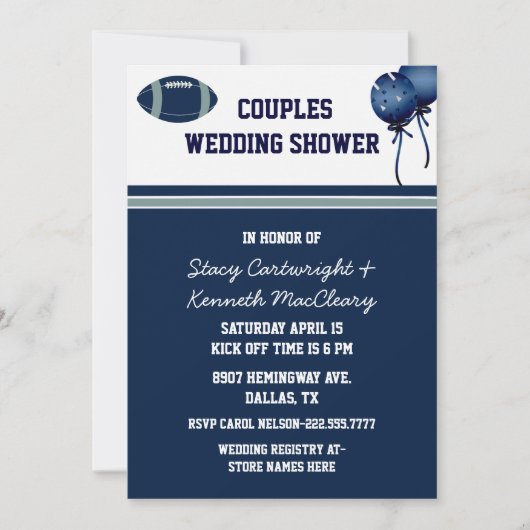 青いフットボールのテーマのウェディングシャワーの招待状 招待状 (正面)