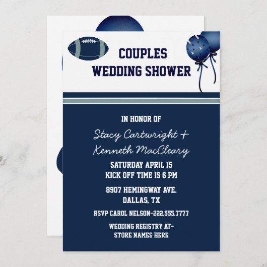 青いフットボールのテーマのウェディングシャワーの招待状 招待状 (正面/裏面)