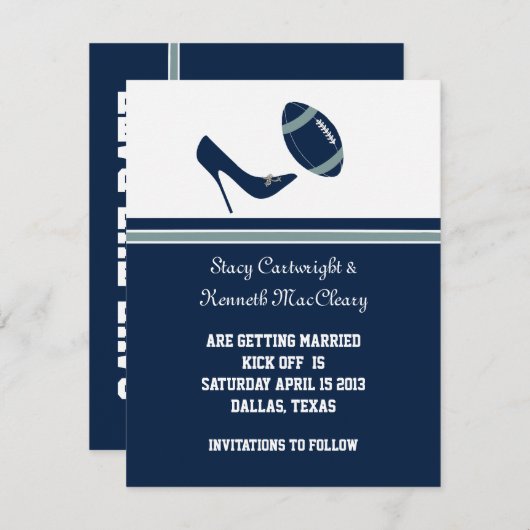 青いフットボールの結婚式のセーブ・ザ・デート案内 セーブザデート (正面/裏面)