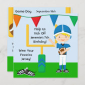 青いフットボールの誕生日の招待状のカスタムな男の子 招待状 (正面/裏面)