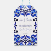 青いフランスのタイル地中海のブライダルシャワーの好意 ギフトタグ (正面)