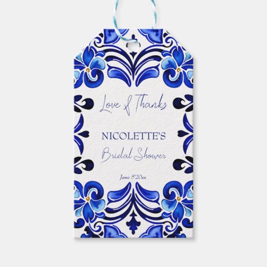 青いフランスのタイル地中海のブライダルシャワーの好意 ギフトタグ (正面)