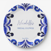 青いフランスのタイル地中海のブライダルシャワー ペーパープレート (正面)