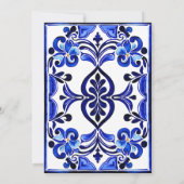 青いフランスのタイル地中海のブライダルシャワー 招待状 (裏面)
