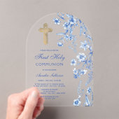 青いフランスのワイルドフラワーアーチファースト聖餐式 アクリル招待状 (インサイチュ (ポータブル))