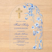 青いフランスのワイルドフラワーアーチファースト聖餐式 アクリル招待状 (正面)