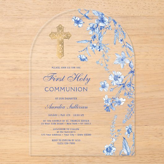 青いフランスのワイルドフラワーアーチファースト聖餐式 アクリル招待状 (正面)