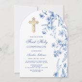 青いフランスのワイルドフラワーアーチファースト聖餐式 招待状 (正面)