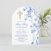 青いフランスのワイルドフラワーアーチファースト聖餐式 招待状 (スタンド正面)