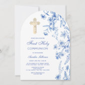 青いフランスのワイルドフラワーアーチファースト聖餐式 招待状 (正面)