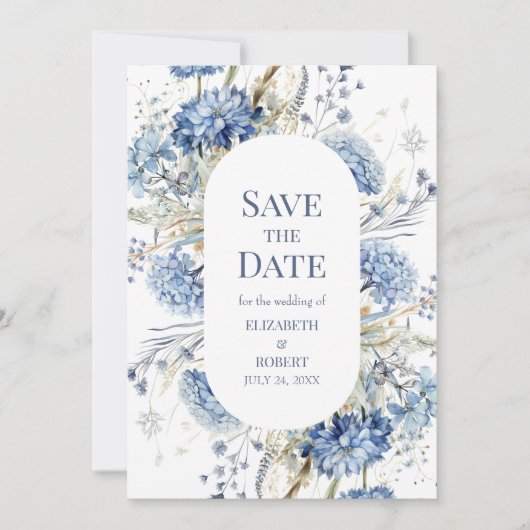 青いフランスの庭の野花の日付を保存 招待状 (正面)
