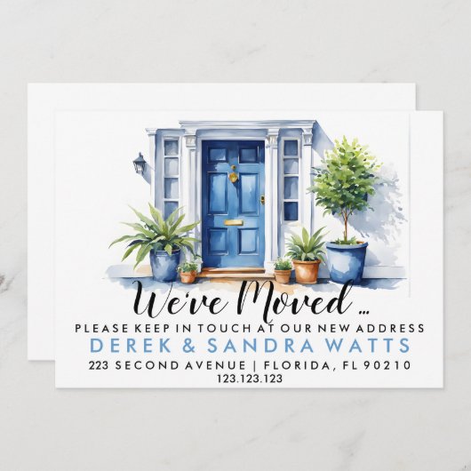 青いフロントドア住所の変更、移動した家 招待状 (正面/裏面)