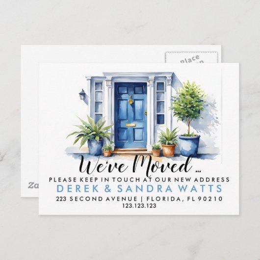 青いフロントドア住所の変更、移動した家 案内ポストカード (正面/裏面)