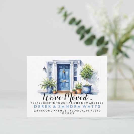 青いフロントドア住所の変更、移動した家 案内ポストカード (スタンド正面)