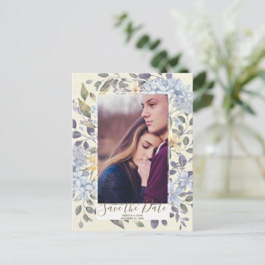 青いフローラあじさい写真の日付を保存 案内ポストカード (スタンド正面)