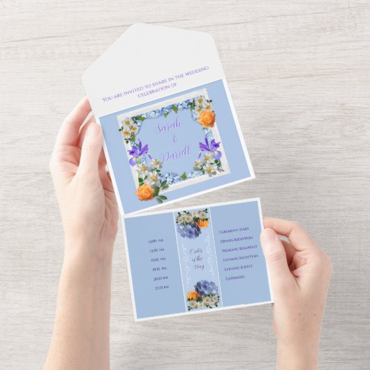 青いフローラすべて1つの結婚式の招待 オールインワン招待状 (貼ってはがせる)