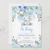 青いフローラとかわいい象の少年がボホにシャワー 招待状 (正面)