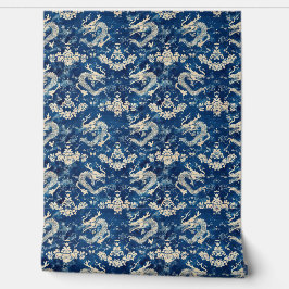 青いフローラと中国のドラゴンのパターン 壁紙