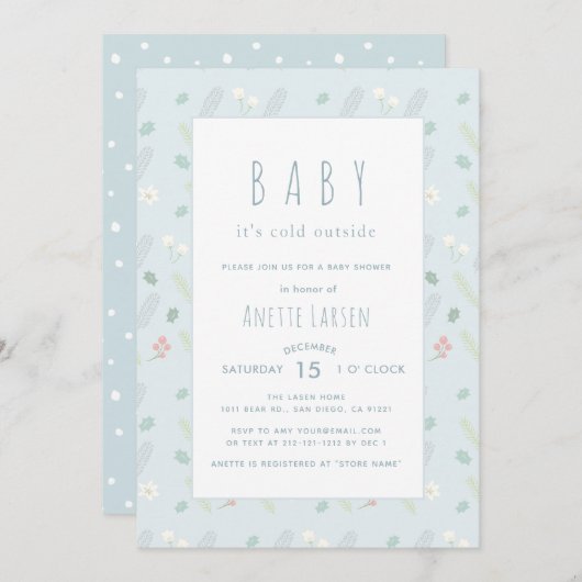 青いフローラと葉ベビーシャワー招待状 招待状 (正面/裏面)