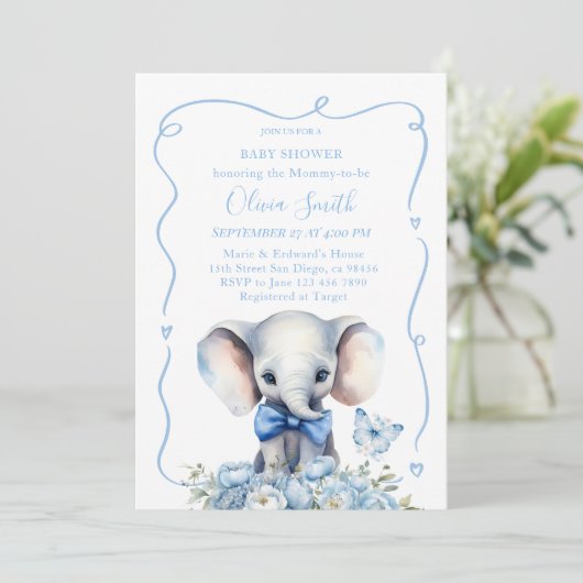 青いフローラと蝶の象の赤ちゃんシャワー 招待状 (スタンド正面)