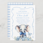 青いフローラと蝶の象の赤ちゃんシャワー 招待状 (正面/裏面)