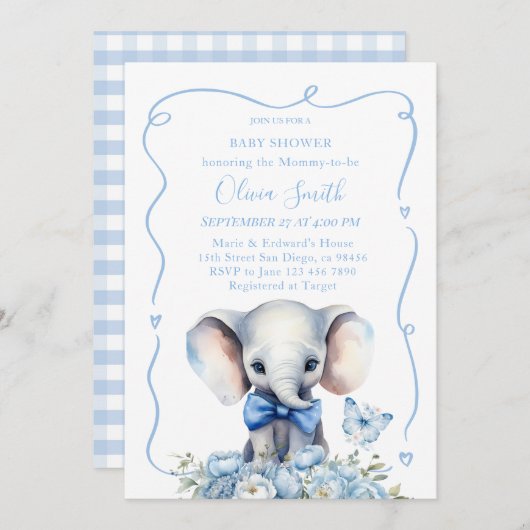 青いフローラと蝶の象の赤ちゃんシャワー 招待状 (正面/裏面)