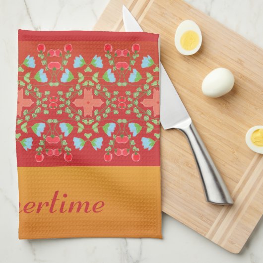 青いフローラと赤で強調される キッチンタオル (四つ折り)