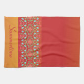 青いフローラと赤で強調される キッチンタオル (横)