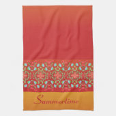 青いフローラと赤で強調される キッチンタオル (縦)