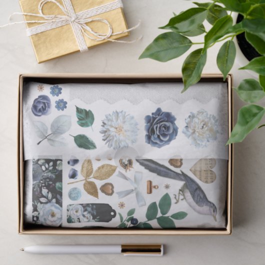 青いフローラのかわいらしエフエマフッシーカットのセット 薄葉紙 (ギフト)