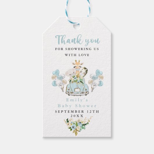 青いフローラのサファリの動物が赤ちゃんシャワーでドライブ ギフトタグ (正面)