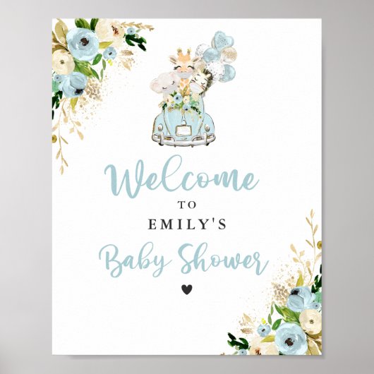 青いフローラのサファリの動物が赤ちゃんシャワーでドライブ ポスター (正面)