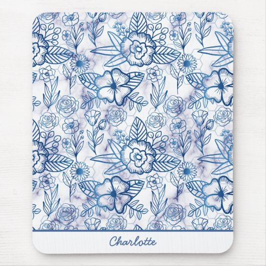 青いフローラのシームレスパパーソナライズされたターン名 マウスパッド (正面)