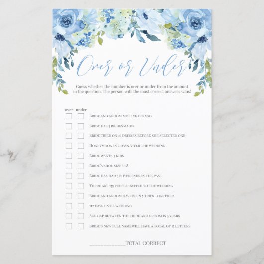 青いフローラの上または下のブライダルシャワーゲーム (正面)