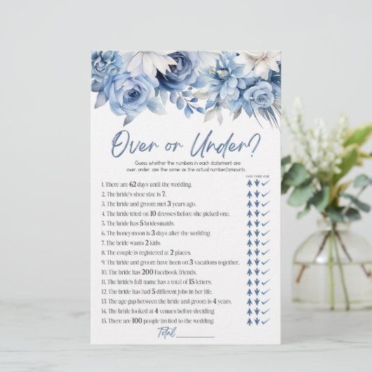 青いフローラの上または下のブライダルシャワーゲーム 便箋 (スタンド正面)