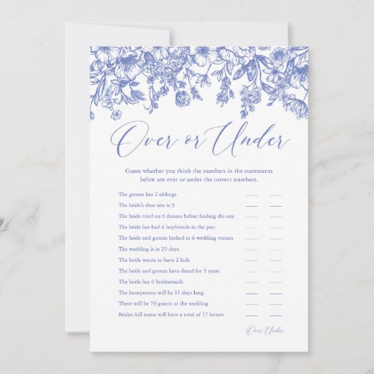 青いフローラの上または下のブライダルシャワーゲーム 招待状 (正面)