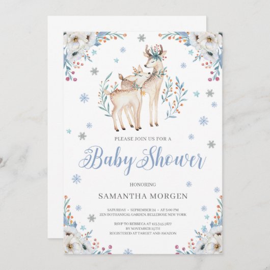 青いフローラの冬鹿の銀色の田舎の赤ちゃんシャワー 招待状 (正面/裏面)