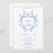 青いフローラの紋章フレーム、書道スクリプト 招待状 (正面/裏面)