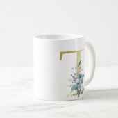 青いフローラの葉を持つT黄金のイニシャル コーヒーマグカップ (正面右)