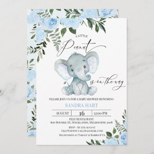 青いフローラの葉エレファントピーナッツ赤ちゃんシャワー 招待状 (正面/裏面)