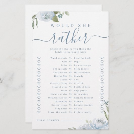 青いフローラは彼女はむしろブライダルシャワーゲーム (正面/裏面)